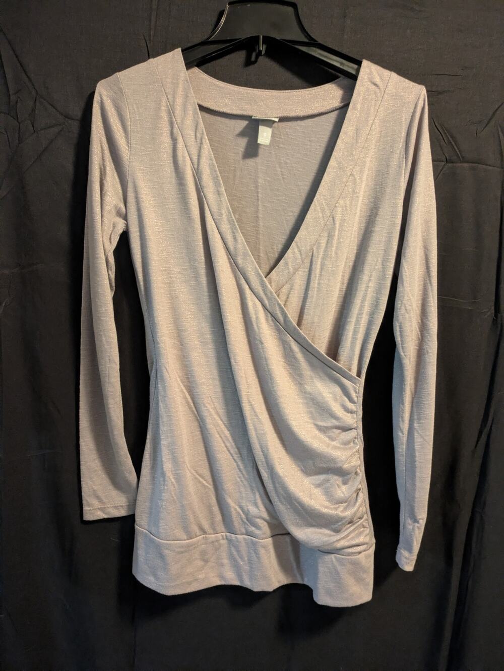 Vanity Shimmer Wrap Front Top S Beige Gold Metallic Draped Short Sleeve Y2K